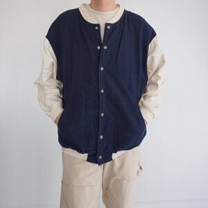Vintage '90S Windsweep 100% Cotton Navy Cream Button Up Varsity Jacket Medium